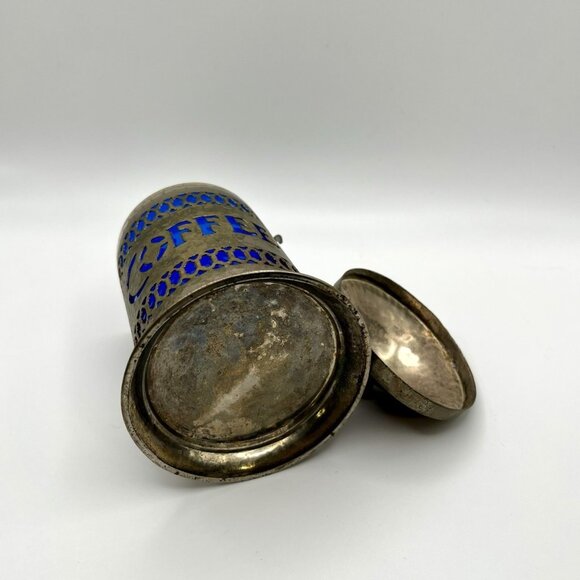 Vintage 50s MCM Silverplate & Cobalt Blue Liner Coffee Canister Art Deco Moorish - Picture 7 of 7